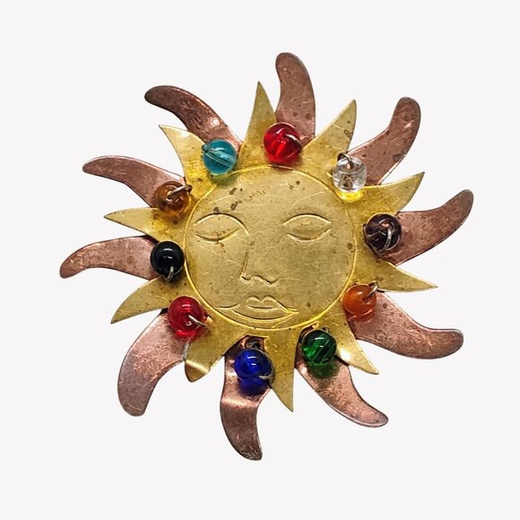 Handmade Mixed Metal Sun Face Brooch With Multicolor Beads - Picture 2 of 4
